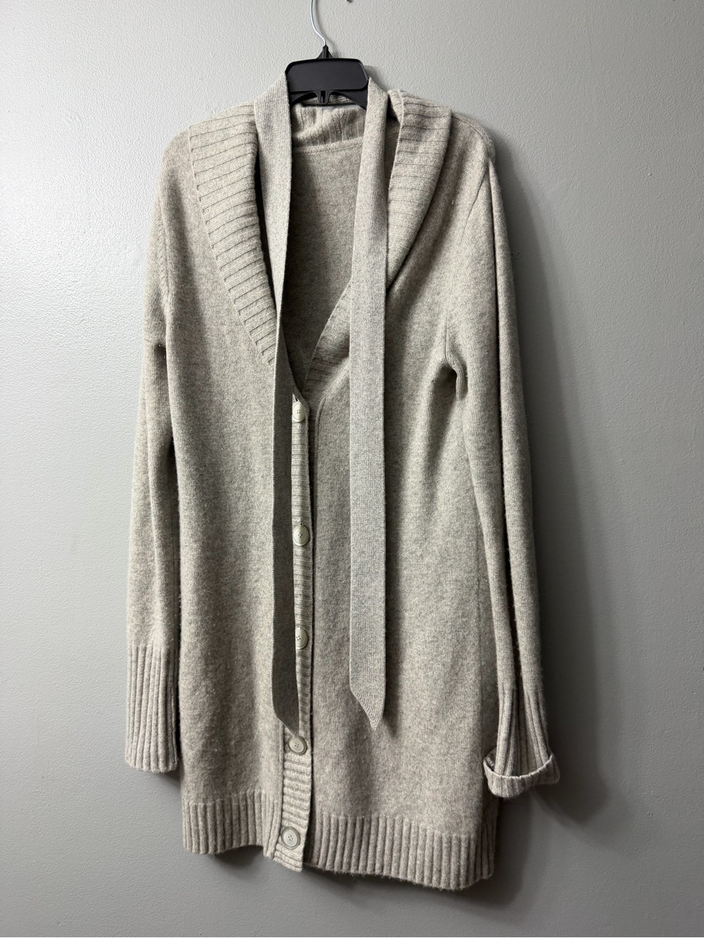 womens light gray knee length button down shawl collar cashmere cardigan m/L